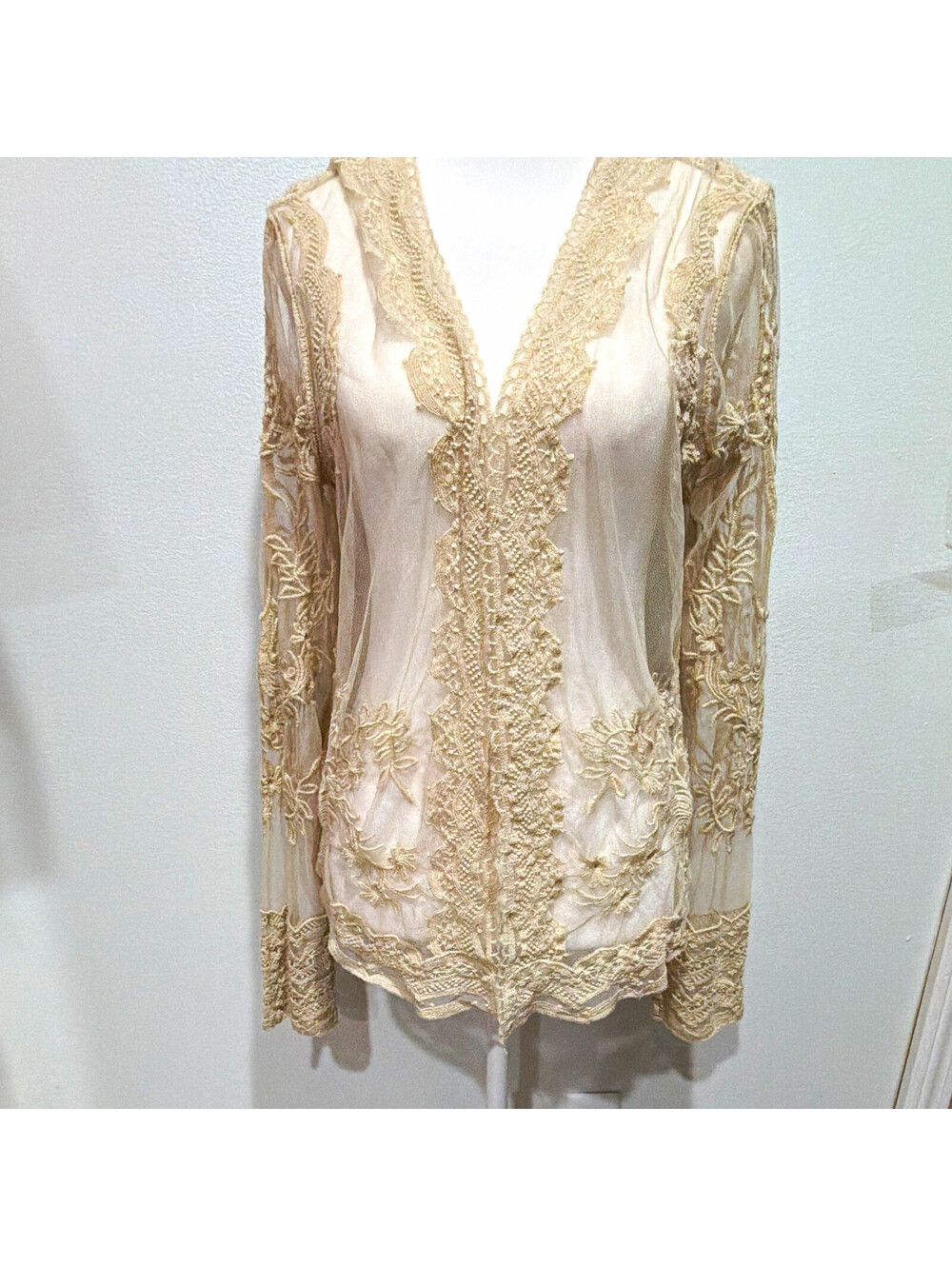 Sundance Ivory Sheer Embroidered Mesh Floral V-Neck Long Sleeve Blouse L